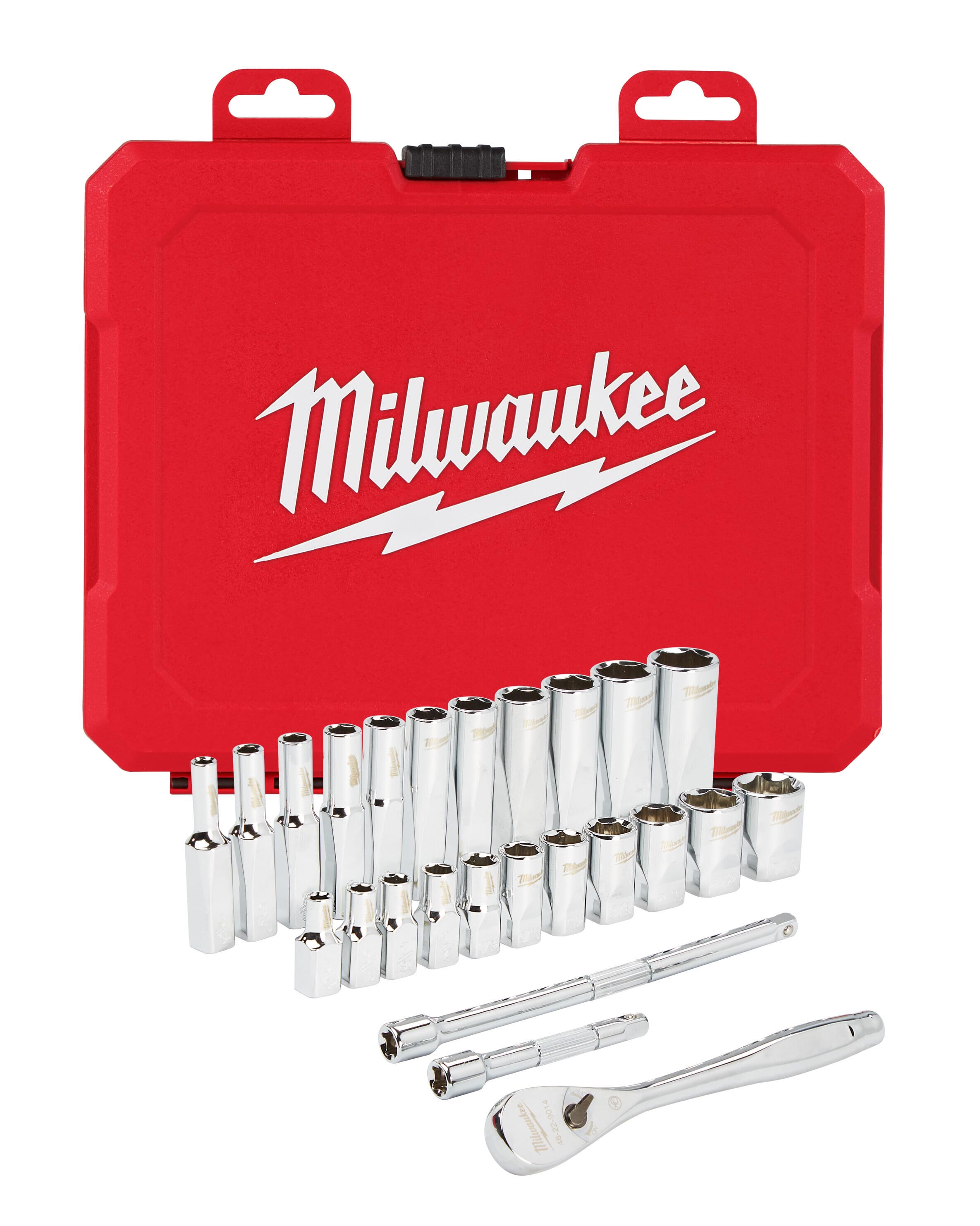 Milwaukee® 48-22-9404 Ratchet and Socket Set, Case Tool Storage, 4 deg Arc Swing, 1/4 in Drive, 26 Pieces, Steel